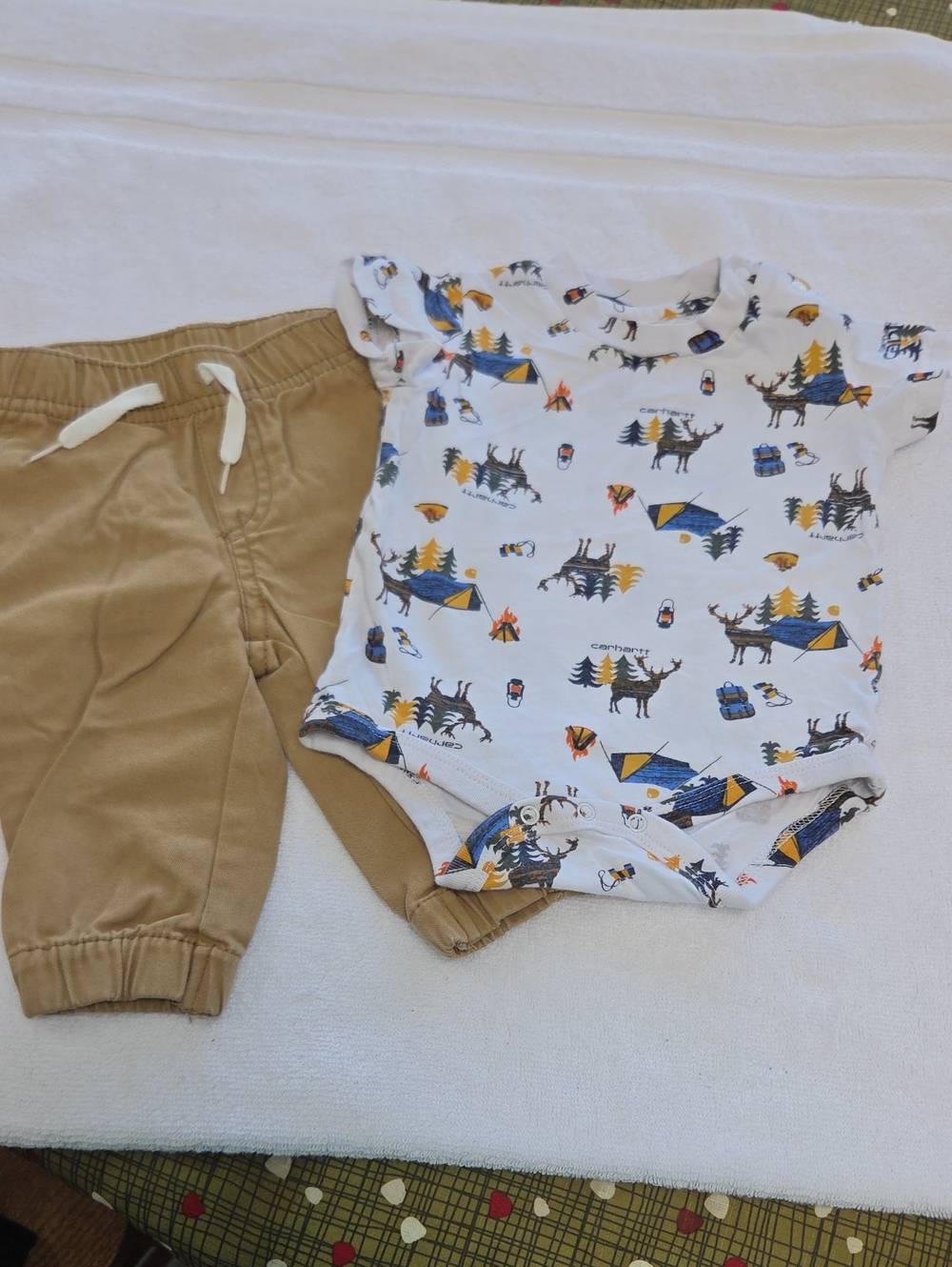 Carhartt White Bodysuit (Moose Camp Print) w Tommy Hilfiger Tan Pants Sz 3-6 m